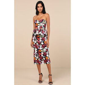 Lulu's Strapless Floral Midi Dress - Black and Multicolor